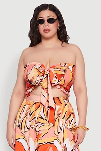 Womens Plus Printed Pattern Tie Front Crop Top, Orange,