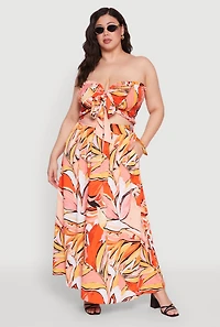 Womens Plus Printed Pattern Tie Front Crop Top, Orange,