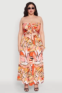Womens Plus Printed Pattern Tie Front Crop Top, Orange,