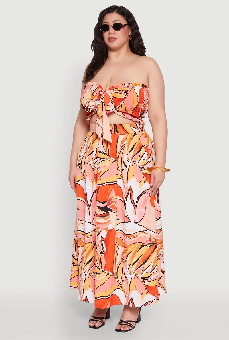 Plus Printed Pattern Tie Front Crop Top