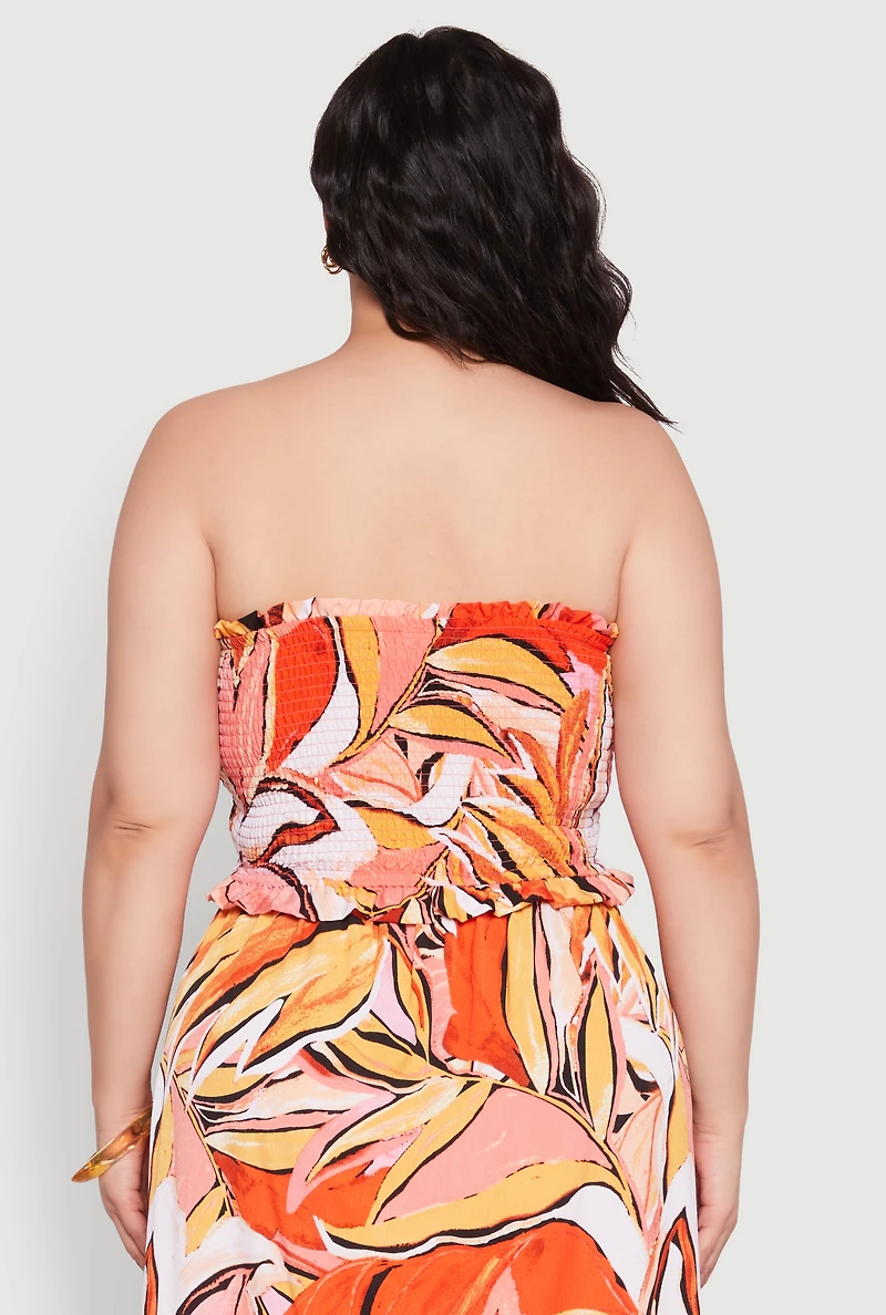 Womens Plus Printed Pattern Tie Front Crop Top, Orange,