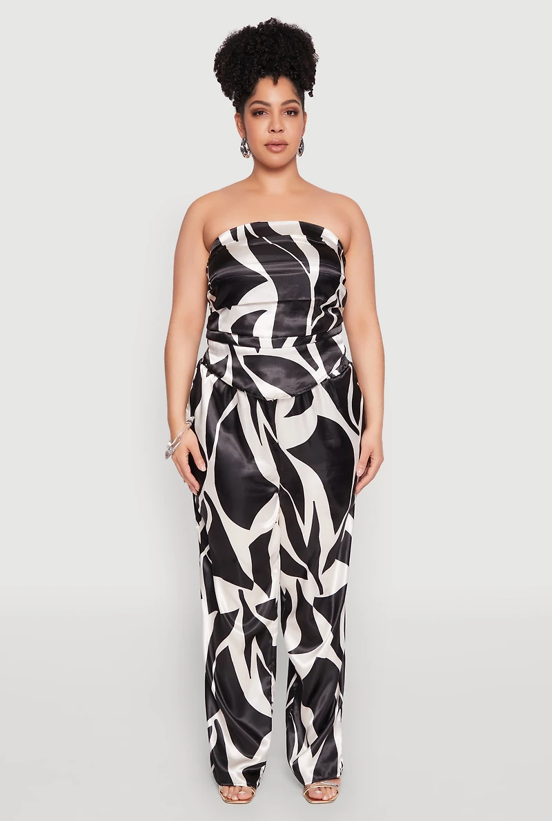 Womens Plus Size Satin Scarf Print Tube Top, Black, Size 1X