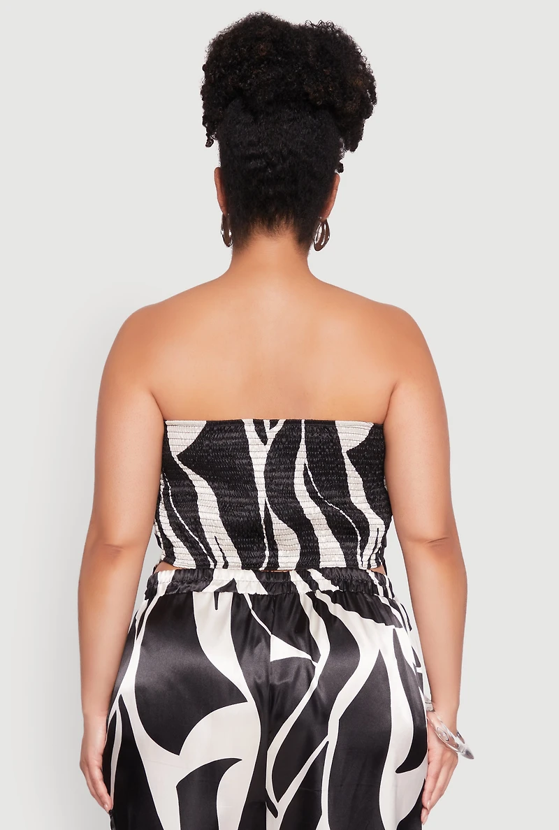 Womens Plus Size Satin Scarf Print Tube Top, Black, Size 1X