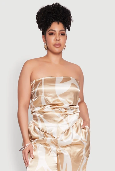 Womens Plus Size Satin Scarf Print Tube Top, Beige, Size 3X