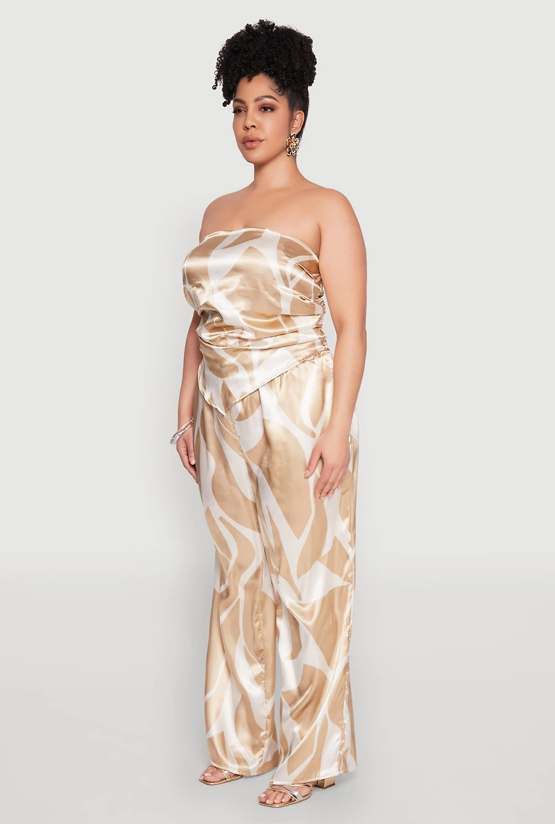 Womens Plus Size Satin Scarf Print Tube Top, Beige, Size 3X