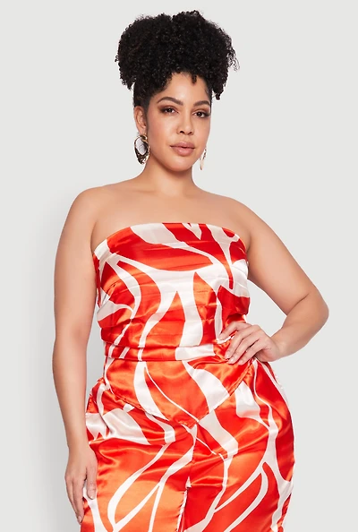 Womens Plus Size Satin Scarf Print Tube Top, Orange, Size 1X