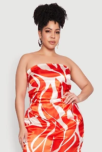 Womens Plus Size Satin Scarf Print Tube Top, Orange, Size 1X