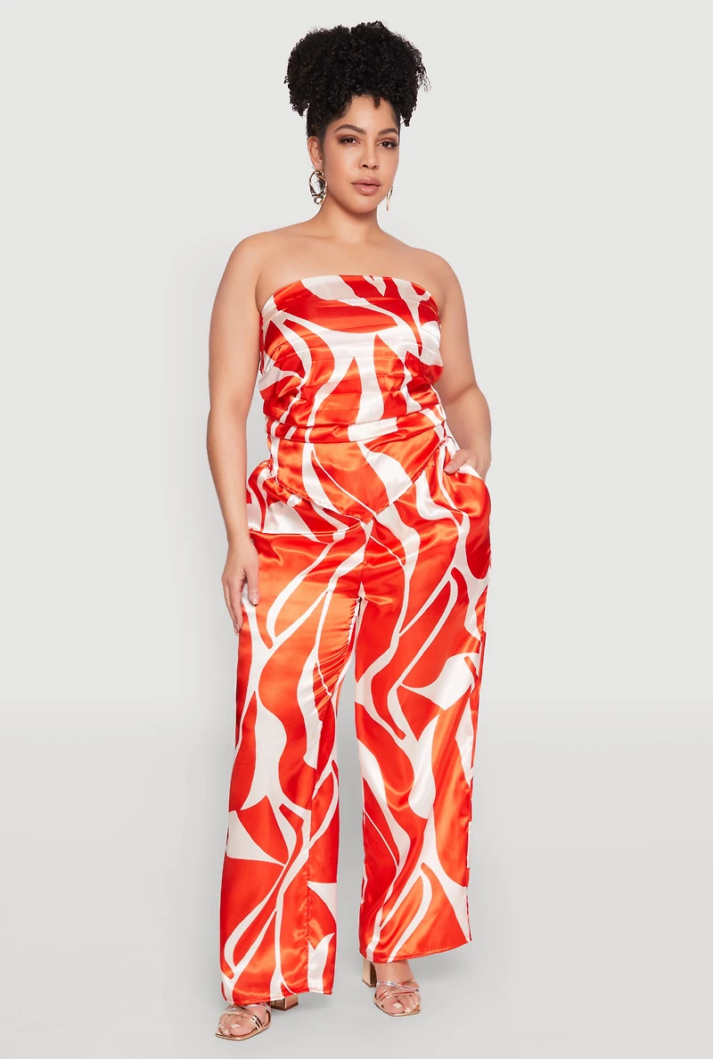 Womens Plus Size Satin Scarf Print Tube Top, Orange, Size 1X