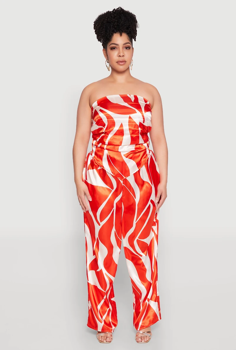 Womens Plus Size Satin Scarf Print Tube Top, Orange, Size 1X