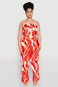 Womens Plus Size Satin Scarf Print Tube Top, Orange, Size 1X
