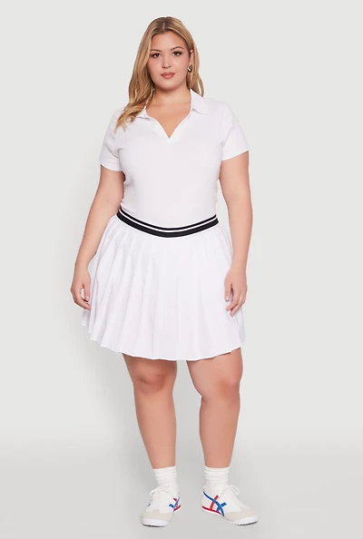 Womens Plus Size Varsity Stripe Waistband Pleated Skirt, White, Size 2X
