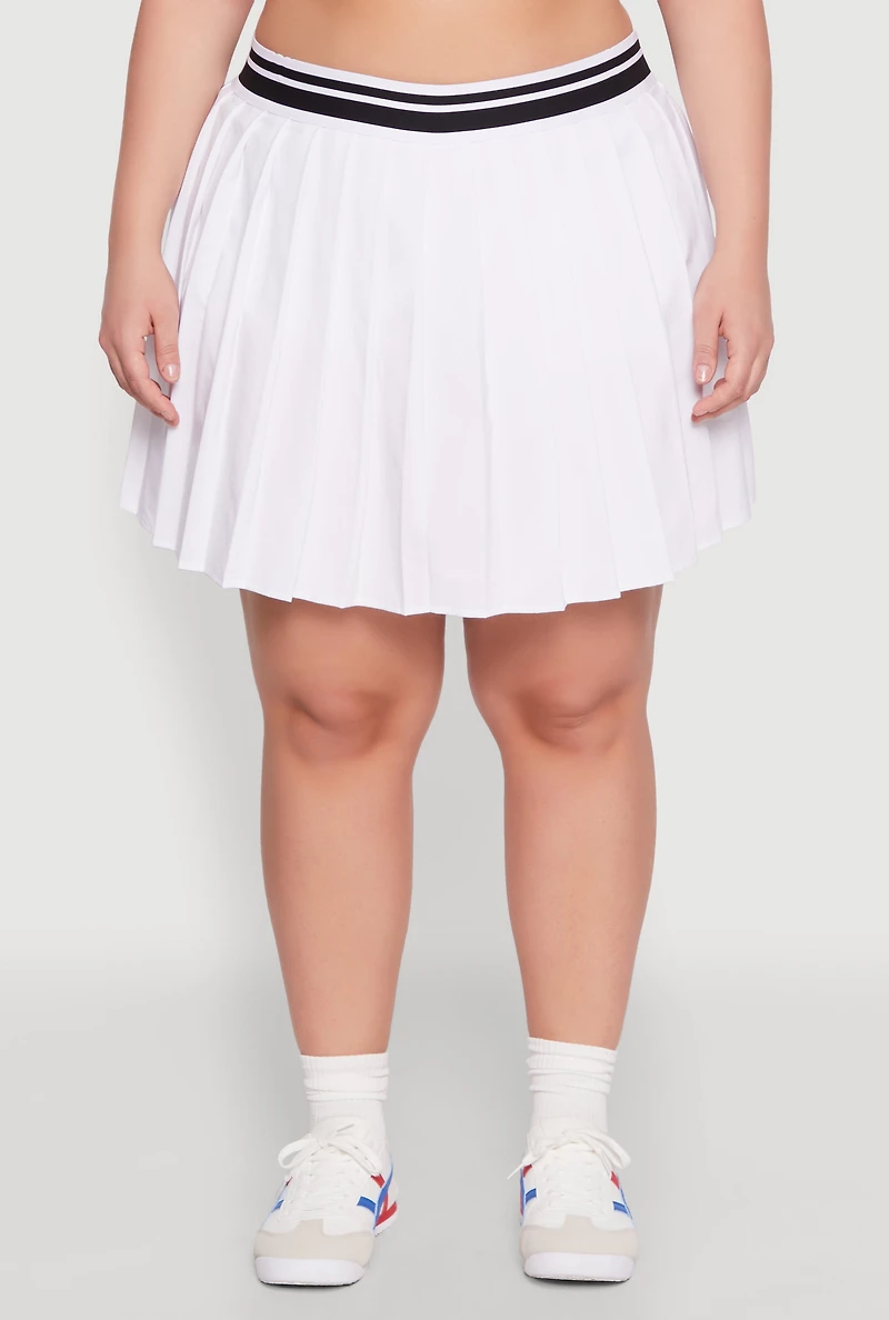 Womens Plus Size Varsity Stripe Waistband Pleated Skirt, White, Size 2X