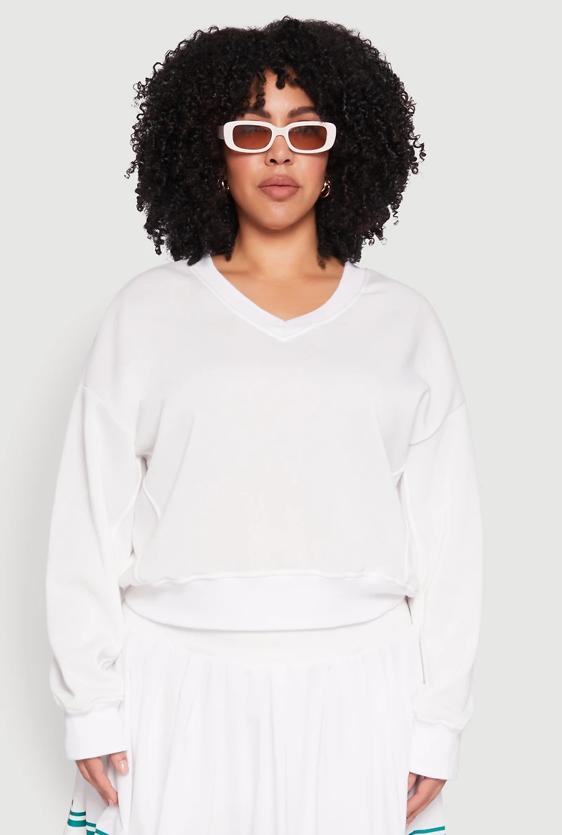 Womens Plus Size V Neck Pullover Sweatshirt, White, Size 2X