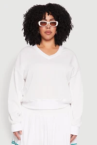 Womens Plus Size V Neck Pullover Sweatshirt, White, Size 2X