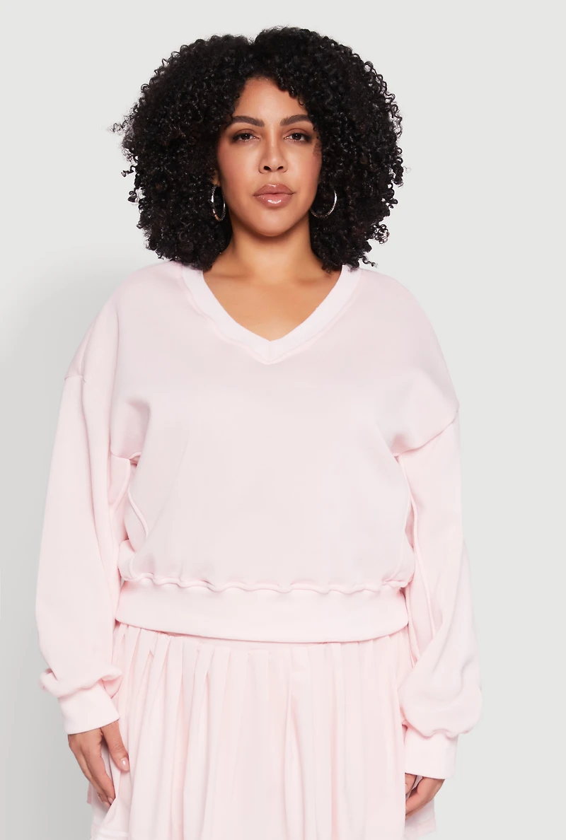 Womens Plus Size V Neck Pullover Sweatshirt, Pink, Size 3X