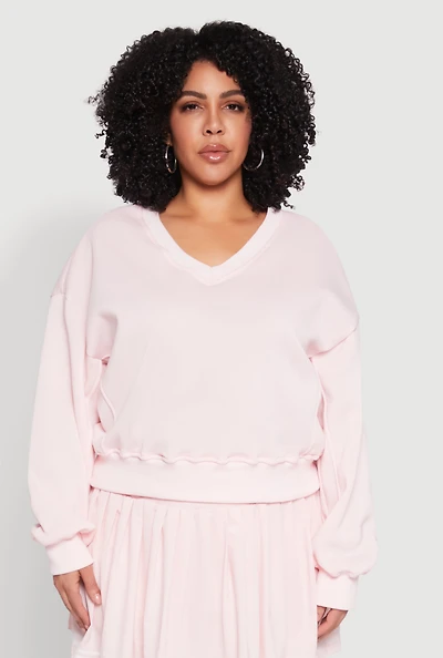Womens Plus Size V Neck Pullover Sweatshirt, Pink, Size 3X