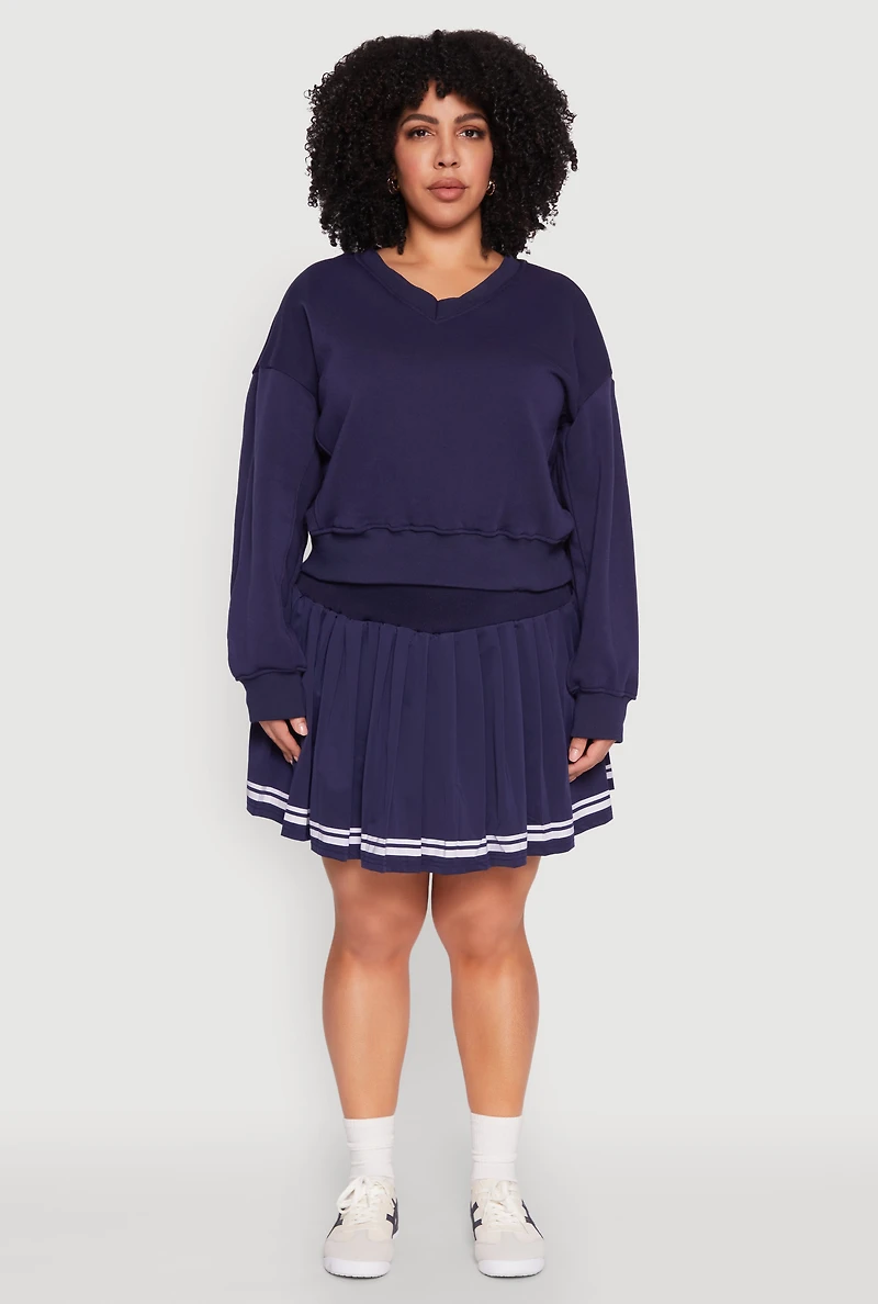 Womens Plus Size Varsity Stripe Pleated Skirt, Blue, Size 2X