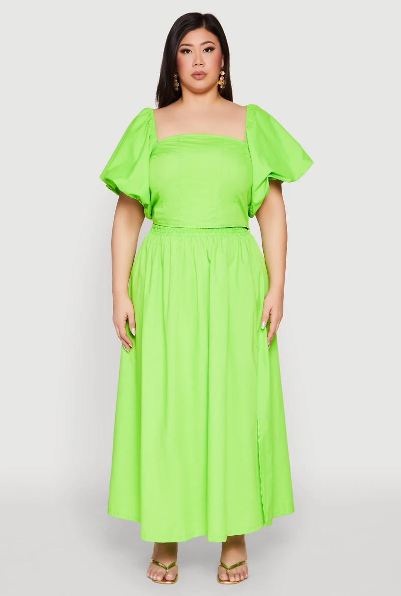 Womens Plus Size Smocked Back Poplin Crop Top, Green, Size 2X