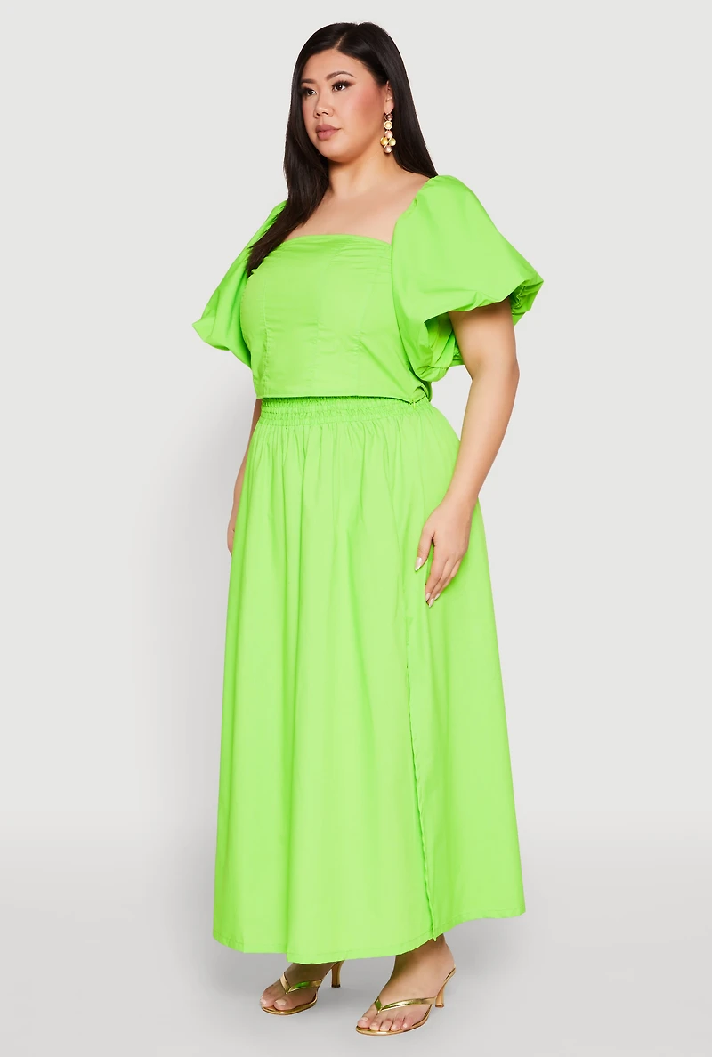 Womens Plus Size Smocked Back Poplin Crop Top, Green, Size 2X