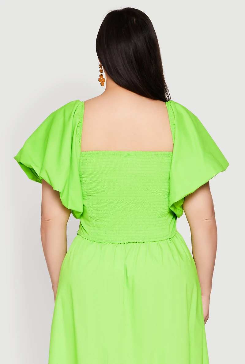 Womens Plus Size Smocked Back Poplin Crop Top, Green, Size 2X