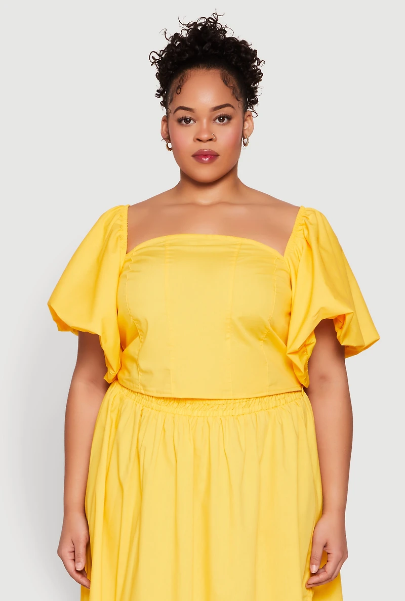 Womens Plus Smocked Back Poplin Crop Top, Yellow,