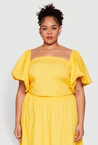 Womens Plus Smocked Back Poplin Crop Top, Yellow,