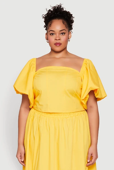 Womens Plus Size Smocked Back Poplin Crop Top, Yellow, Size 1X