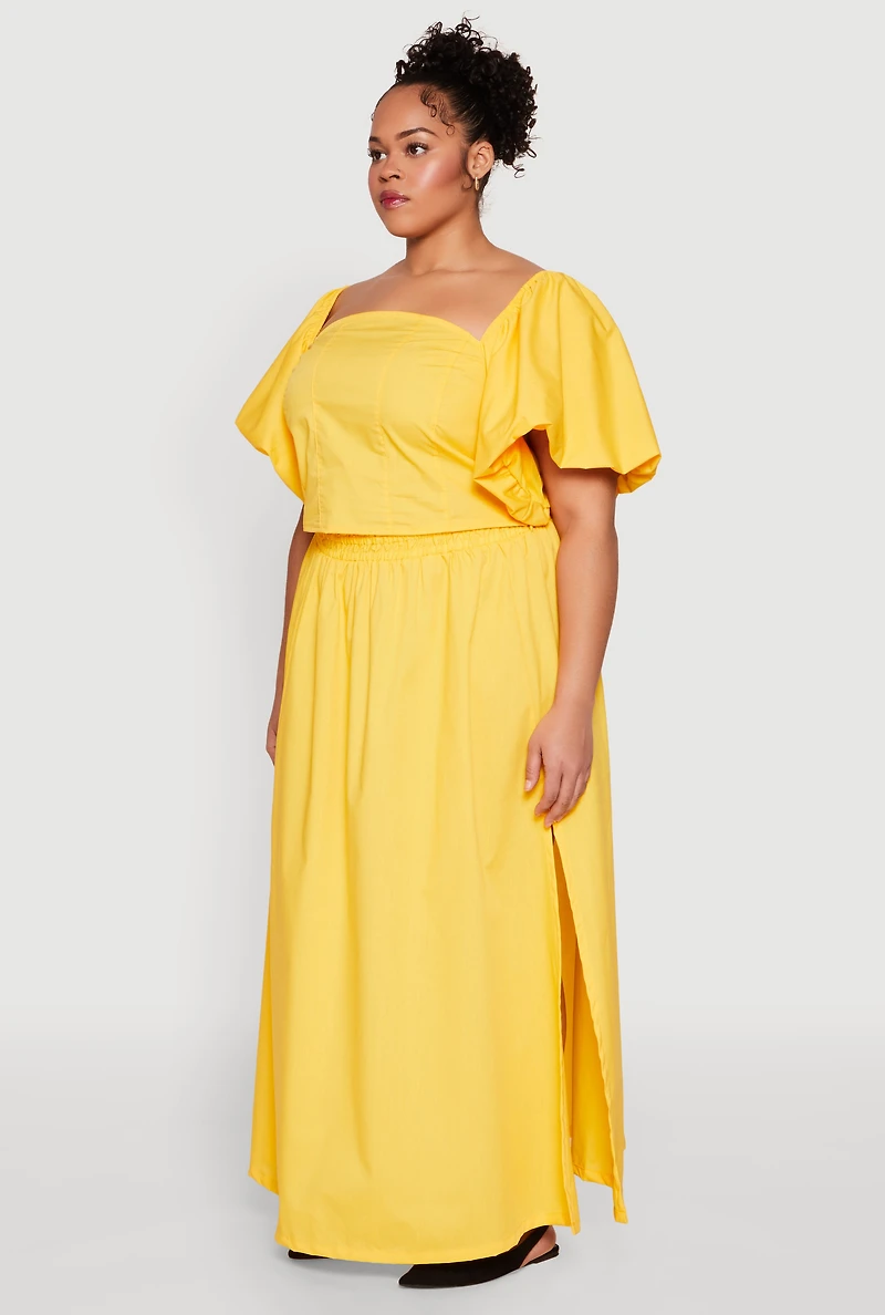 Womens Plus Smocked Back Poplin Crop Top, Yellow,