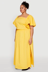 Womens Plus Smocked Back Poplin Crop Top, Yellow,