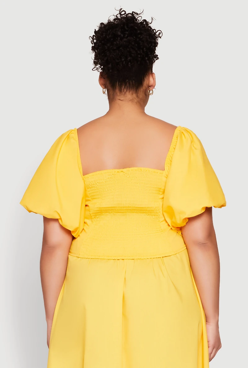 Womens Plus Smocked Back Poplin Crop Top, Yellow,