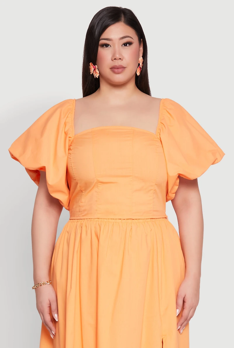 Womens Plus Size Smocked Back Poplin Crop Top, Orange, Size 1X