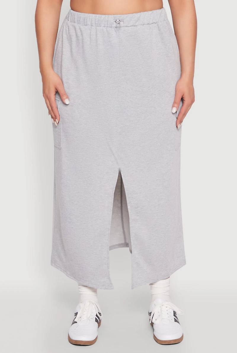 Womens Plus Size Almost Famous Fleece Maxi Cargo Skirt, Grey, Size 2X