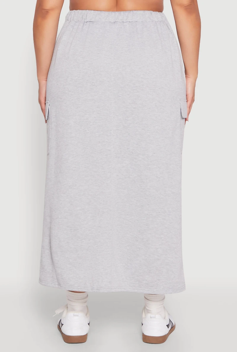 Womens Plus Size Almost Famous Fleece Maxi Cargo Skirt, Grey, Size 2X