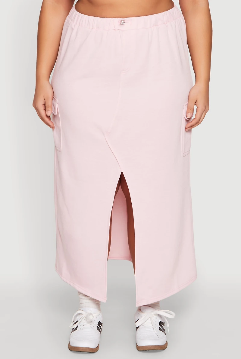 Womens Plus Almost Famous Fleece Maxi Cargo Skirt, Pink,