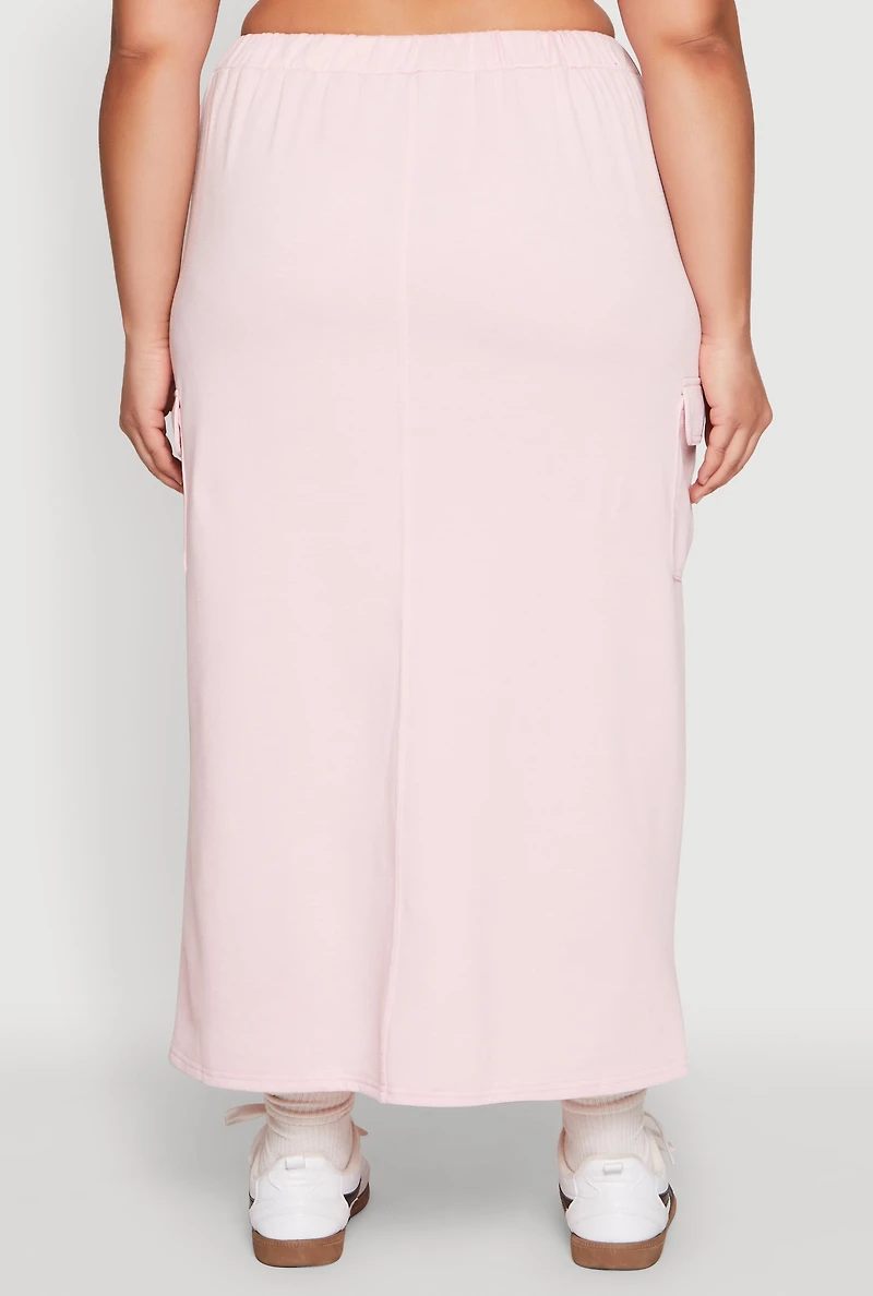Womens Plus Almost Famous Fleece Maxi Cargo Skirt, Pink,