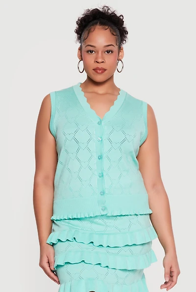 Plus Heart Geometric Pointelle Button Front Vest
