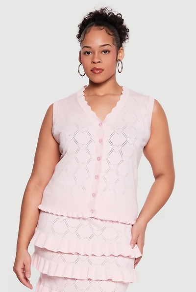 Plus Heart Geometric Pointelle Button Front Vest