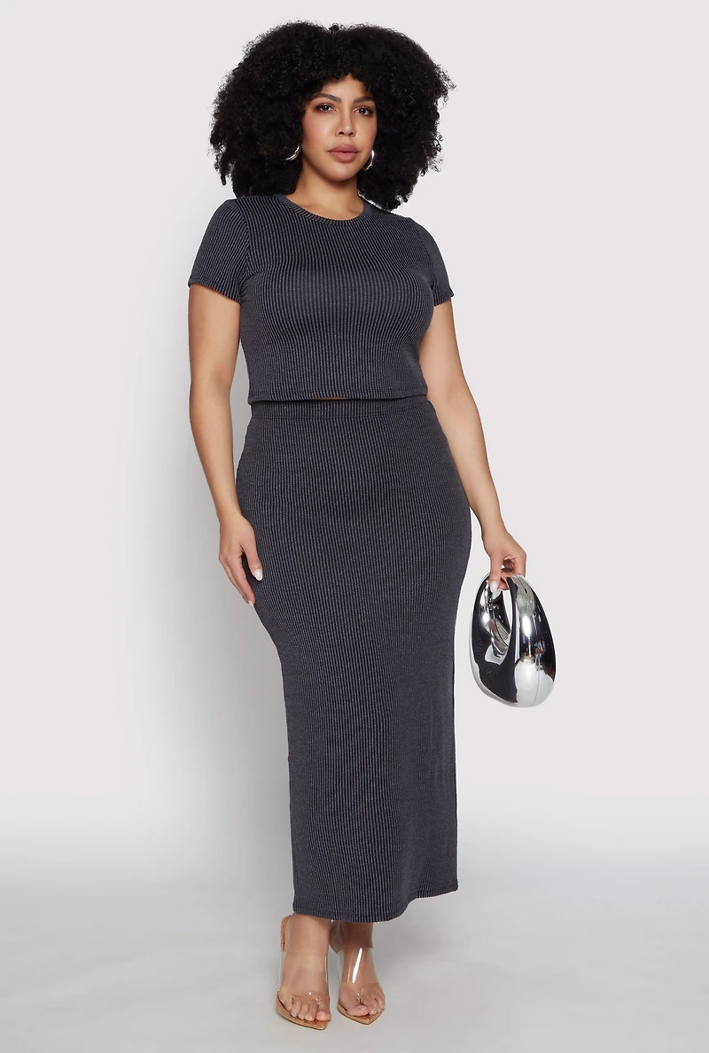 Womens Plus Size Almost Famous Ribbed Knit Skirt, Black, Size 1X