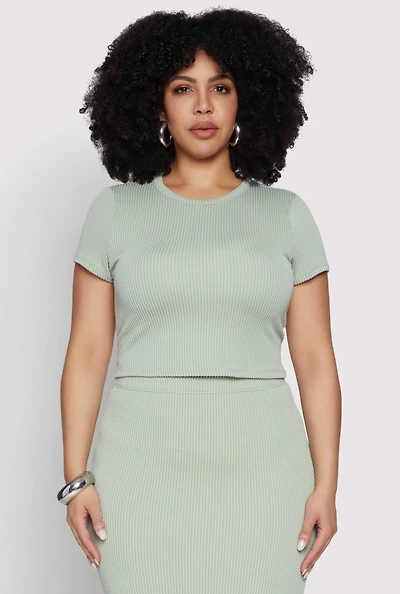 Womens Plus Size Almost Famous Ribbed Knit Crop Top, Green, Size 2X
