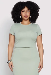 Womens Plus Size Almost Famous Ribbed Knit Crop Top, Green, Size 2X