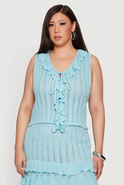 Plus Ruffle Trim Tie Detail Crochet Vest