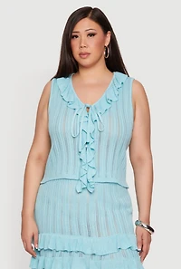 Plus Ruffle Trim Tie Detail Crochet Vest