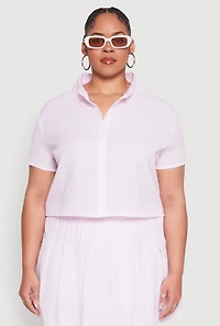 Womens Plus Size Almost Famous Striped Seersucker Cropped Shirt, Pink, Size 3X