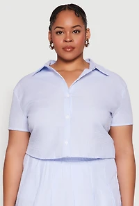 Womens Plus Size Almost Famous Striped Seersucker Cropped Shirt, Blue, Size 2X