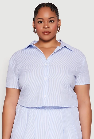 Womens Plus Size Almost Famous Striped Seersucker Cropped Shirt, Blue, Size 1X