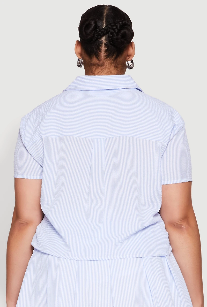 Womens Plus Size Almost Famous Striped Seersucker Cropped Shirt, Blue, Size 2X