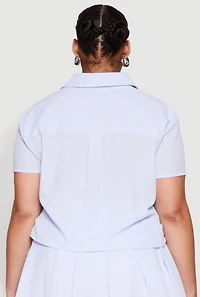 Womens Plus Size Almost Famous Striped Seersucker Cropped Shirt, Blue, Size 2X