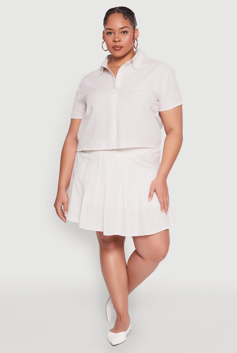 Womens Plus Size Almost Famous Striped Seersucker Pleated Skirt, Khaki, Size 2X