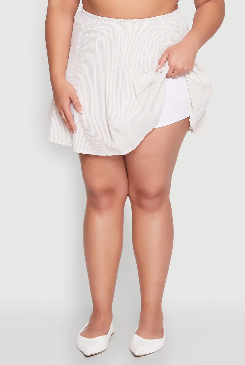 Womens Plus Size Almost Famous Striped Seersucker Pleated Skirt, Khaki, Size 2X