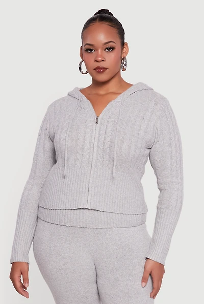 Womens Plus Almost Famous Brushed Cable Knit Hooded Cardigan,